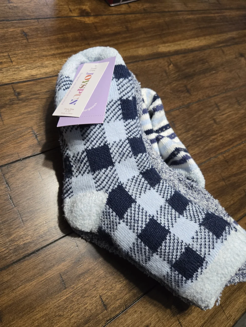 Plush Check Fuzzy Women's Socks - Light Blue & Navy